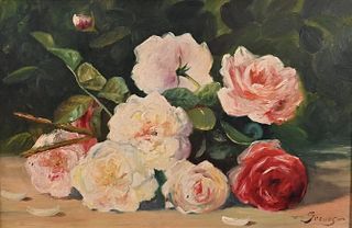Abbott Fuller Graves (1859 - 1936), roses, oil on board, signed lower right Graves, 12" x 18".