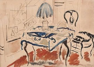 Andre Albert Marie Dunoyer de Segonzac (1884 - 1974), Segonzac Interior, table with lamp, watercolor and ink on paper, signed lower right A. Segonzac,