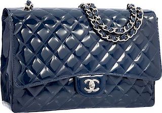 Chanel Navy Blue Quilted Patent Leather Maxi Single Flap Bag with Silver Hardware Excellent Condition 13" Width x 9" Height x 4" Depth