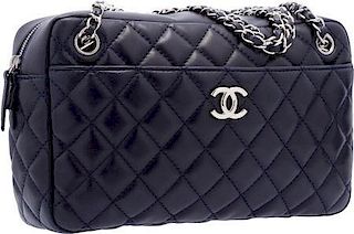 Chanel Navy Quilted Lambskin Leather Camera Bag with Silver Hardware Very Good Condition 11.5" Width x 7" Height x 3.5" Depth