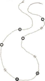Chanel Black & White Glass Pearl, Enamel and Crystal Necklace Very Good Condition .5" Width x 40" Length
