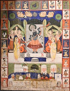 Large Tibetan Painting on Silk Thangka, depicting an offering amongst gods, silk laid on canvas backing, 63 1/2" x 48 1/2".