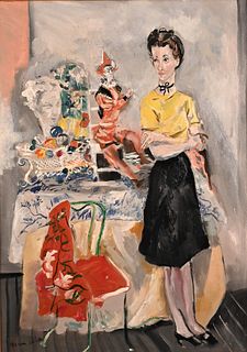Emilio Grau-Sala (1911 - 1975), girl with jester doll, oil on canvas, signed lower left Grau-Sala, restretched, 25 5/8" x 18".