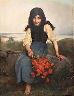 Etienne Adolphe Piot (1850 - 1910), young girl holding poppies, oil on canvas laid on panel, signed A. Piot lower right, 45 1/2" x 35". Provenance: Ge
