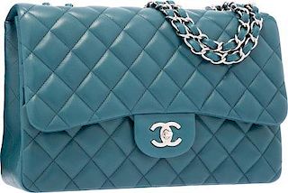 Chanel Teal Quilted Lambskin Leather Jumbo Single Flap Bag with Silver Hardware Excellent to Pristine Condition 12" Width x 8" Height x 3" Depth