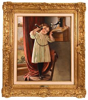 Karl Witkowski (1860 - 1910), Hello, young girl answering a telephone, oil on canvas, signed lower right K. Witkowski, relined, 24" x 20".