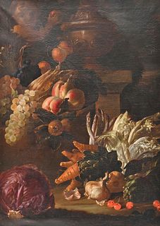 A.C. Caproems, still life of fruit and vegetables, 17th or 18th century, signed lower left "A.C. Caproems", 35 1/4" x 25 1/2".