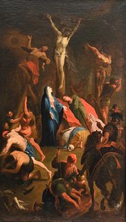 Old Master School, portrait painting scene of fighting soldiers that put Jesus on the cross, having skull and Mary in center, oil on canvas, 17th or 1