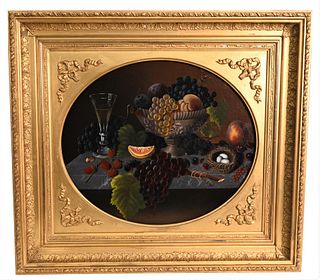 In The Manner of Severin Roesen (1815 - 1872), still life with birds nest, oil on canvas laid on board, unsigned, 18" x 21" oval. Provenance: Sotheby'