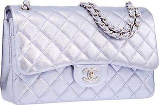Chanel Metallic Purple Quilted Lambskin Leather Jumbo Double Flap Bag with Matte Silver Hardware Excellent Condition 12" Width x 8" Height x 3" Depth