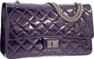 Chanel Purple Quilted Distressed Patent Leather Jumbo Reissue Double Flap Bag with Gunmetal Hardware Excellent Condition 12" Width x 8" Height x 3" De