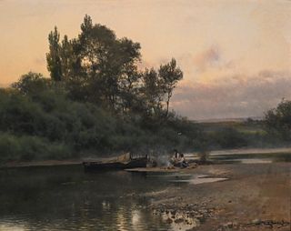 Emilio Sanchez Perrier (1855 - 1907), River Ulol, depicting two men encamped on river bank, signed lower right E. Sanchez Perrier, titled and dated on