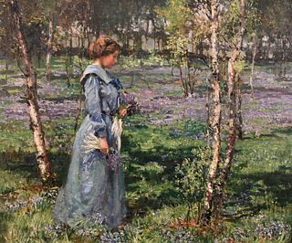 Stanley Royle (Canadian, 1888 - 1961), Spring Morning Among the Bluebells, depicting the artist's wife, oil on canvas, signed and dated lower left Sta