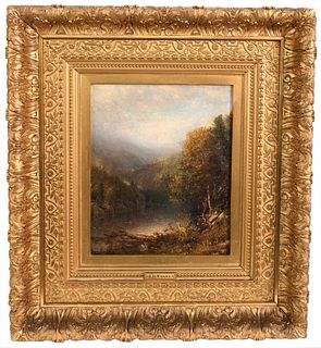 Alexander Helwig Wyant (1836 - 1892), fall landscape with deer, oil on canvas, signed lower right A.H. Wyant, in Victorian gilt frame, 12 5/8" x 10 1/