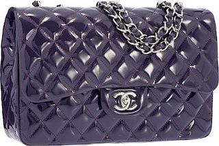 Chanel Purple Quilted Patent Leather Jumbo Single Flap Bag with Silver Hardware Excellent to Pristine Condition 12" Width x 8" Height x 3" Depth
