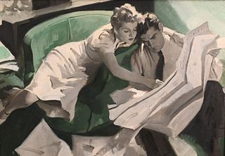 Edwin Henry (1900 - ), Green Couch, oil on canvas, illustration reading a newspaper on a green couch, intended for the story titled "Dark Purpose", ca