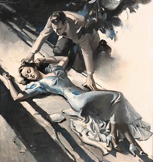 August Bleser Jr. (1898 - 1966), oil on canvas, story illustration man leaning over reclining woman "The Face" Redbook magazine, March 1938 in blue an
