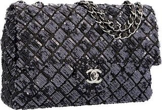 Chanel Black & Navy Blue Sequin Medium Single Flap Bag with Gunmetal Hardware Excellent to Pristine Condition 10" Width x 6" Height x 2.5" Depth