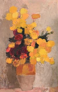Bernard Cathelin (1919 - 2004), "Roses d' Inde au Fond Gris, 1966", still life of flowers in a vase, oil on canvas, signed and dated Cathelin 66 lower