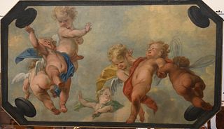Unknown Artist, scene depicting seven cherubs in the clouds, oil on canvas, unsigned, 40" x 69 1/2".