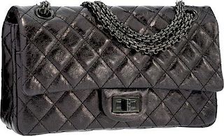 Chanel Black Quilted Distressed Leather Medium Reissue Double Flap Bag with Gunmetal Hardware Excellent to Pristine Condition 10" Width x 6" Height x 