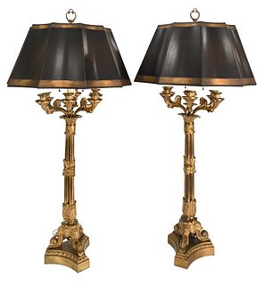 Pair of Large French Empire Bronze Column Candelabras, 19th century, having six arms and a center candle holder, column shaft on scrolling feet, heigh
