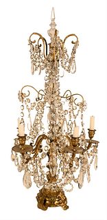 Large French Bronze and Crystal Candelabra, having five arms with prism glass shaft leading to top central candle holder, all on gilt bronze base, hei