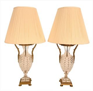 Pair of Baccarat Cut Crystal Lamps, Empire style having bronze mounted handles on bronze square vase, height 29 inches.