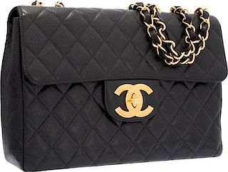 Chanel Black Quilted Caviar Leather Jumbo Single Flap Bag with Gold Hardware Very Good Condition 12" Width x 8" Height x 3" Depth
