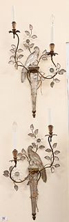 Gilt Metal Glass Two Light Sconces, in the manner of Maison Bagues, each having a torch form backplate, surmounted by a bird, flowering birds and scro