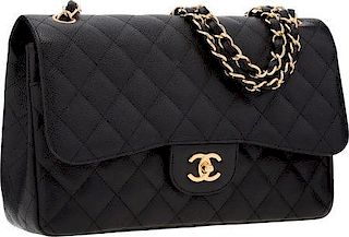 Chanel Black Quilted Caviar Leather Jumbo Double Flap Bag with Gold Hardware Excellent Condition  12" Width x 8" Height x 3" Depth