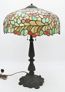 Chicago Mosaic Leaded Glass Table Lamp, cherry tree pattern having red cherries, green leaves and caramel ground, shade diameter 18 inches, height 26 