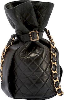 Chanel Black Quilted Lambskin Leather Bucket Bag with Gold Hardware Good Condition 9" Width x 15" Height x 9" Depth