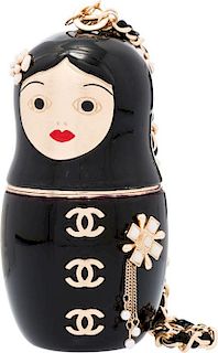 Chanel Black Enamel Matryoshka Doll Evening Bag with Gold Hardware Good Condition 2.5" Width x 5" Height x 2.5" Depth