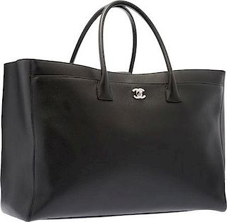 Chanel Black Leather Cerf Tote Bag with Silver Hardware Excellent Condition 18" Width x 12" Height x 7" Depth