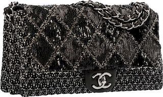 Chanel Black & White Tweed Boucle and Sequin Flap Bag with Silver Hardware Very Good to Excellent Condition 12" Width x 7" Height x 2" Depth
