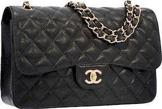 Chanel Black Quilted Caviar Leather Jumbo Double Flap Bag with Gold Hardware Excellent to Pristine Condition 12" Width x 8" Height x 3" Depth