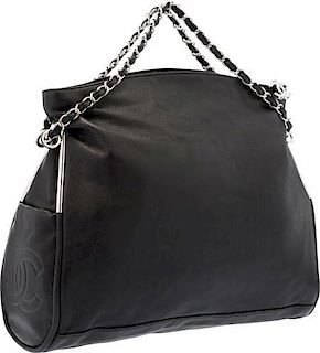 Chanel Black Lambskin Leather Hobo Shoulder Bag with Silver Hardware Excellent Condition 16" Width x 10" Height x 6" Depth