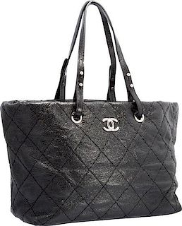 Chanel Black Quilted Distressed Leather Shopping Tote Bag with Silver Hardware Excellent Condition 14" Width x 10" Height x 5" Depth