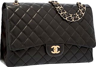 Chanel Black Quilted Lambskin Leather Maxi Single Flap Bag with Gold Hardware Excellent Condition 13" Width x 9" Height x 4" Depth