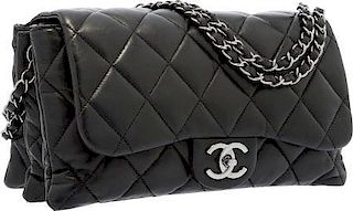 Chanel Black Quilted Lambskin Leather Accordion Flap Bag with Silver Hardware Excellent Condition 11" Width x 7" Height x 3" Depth