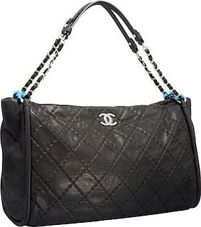 Chanel Black Quilted Velvet Leather Shopping Tote Bag with Silver Hardware Excellent to Pristine Condition 15" Width x 10" Height x 7" Depth