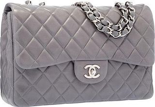 Chanel Gray Quilted Lambskin Leather Jumbo Single Flap Bag with Silver Hardware Excellent Condition 12" Width x 7" Height x 3" Depth