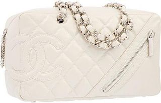 Chanel Pearlescent White Quilted Lambskin Leather Cambon Camera Bag with Silver Hardware Very Good to Excellent Condition 11" Width x 6" Height x 4" D
