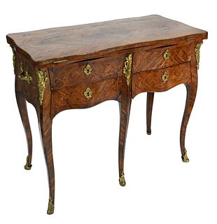 Louis XV Kingwood Vanity/Game Table, having gilt bronze mounts of floral marquetry inlay, flip top and center support pull out and brass handles on en