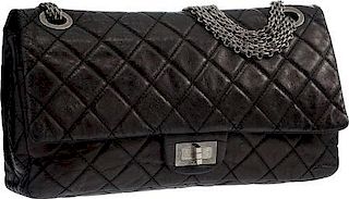 Chanel Black Quilted Distressed Leather Reissue Jumbo East West Double Flap Bag with Silver Hardware Good to Very Good Condition 14" Width x 8" Height