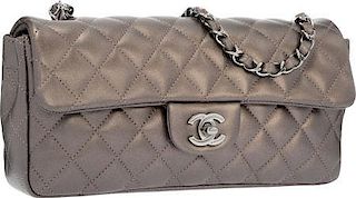 Chanel Metallic Gray Quilted Lambskin Leather East West Single Flap Bag with Silver Hardware Excellent to Pristine Condition 10" Width x 5" Height x 2
