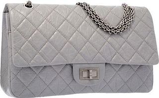 Chanel Gray Quilted Distressed Leather Reissue Jumbo Double Flap Bag with Gunmetal Hardware Very Good Condition 12" Width x 8" Height x 4" Depth