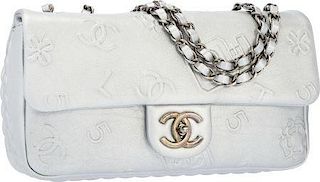 Chanel Metallic Silver Leather Lucky Charm East West Flap Bag with Gunmetal Hardware Excellent to Pristine Condition 10" Width x 6" Height x 2.5" Dept