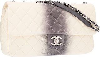 Chanel White & Black Ombre Quilted Caviar Leather East West Jumbo Single Flap Bag with Silver Hardware Excellent to Pristine Condition 12" Width x 7" 